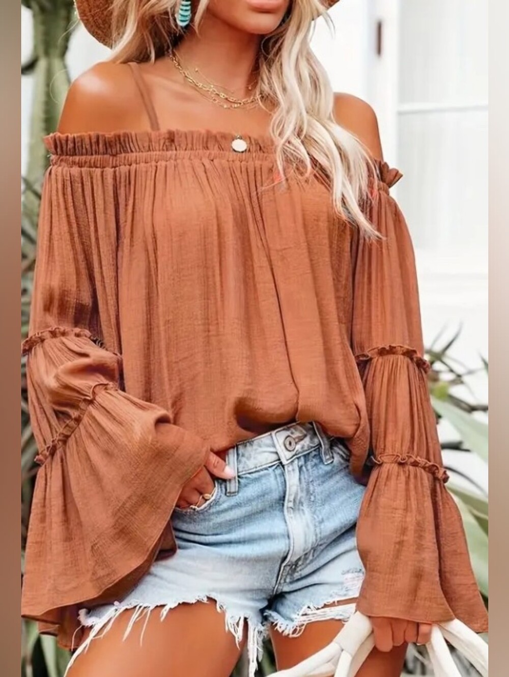 Off-Shoulder Bell Sleeve Top in Rust